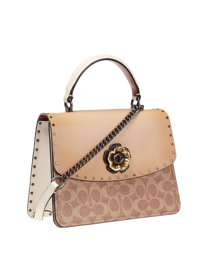 Coach 53349 Parker Top Handle In Signature Canvas With Rivets Tan Chalk