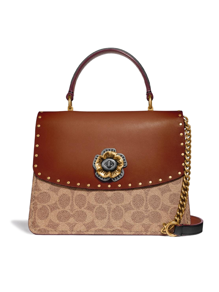 Coach 53349 Parker Top Handle In Signature Canvas With Rivets Tan Black