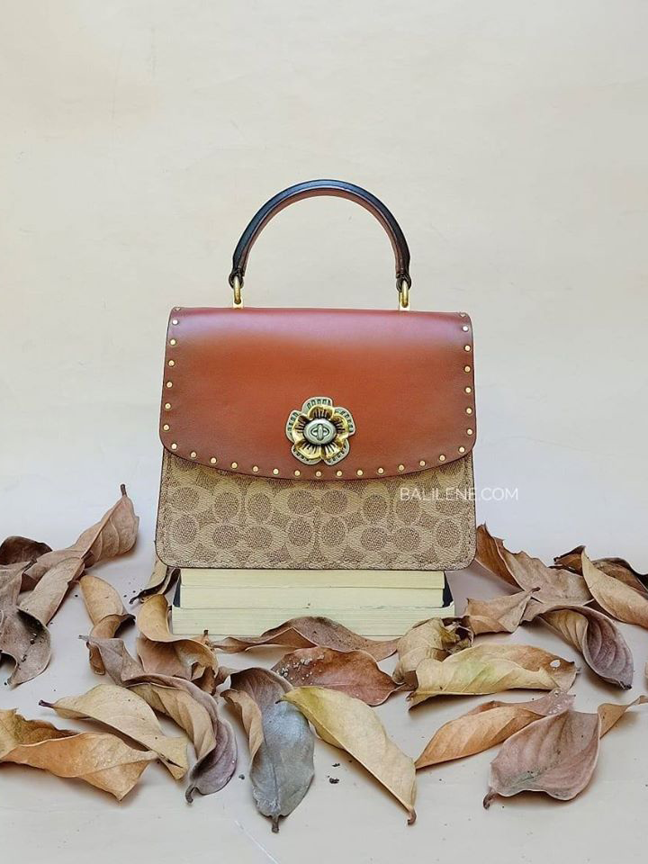 Coach 53349 Parker Top Handle In Signature Canvas With Rivets Tan Blac Balilene