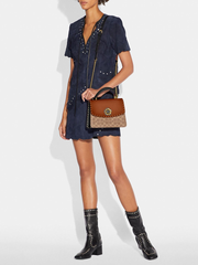 Coach 53349 Parker Top Handle In Signature Canvas With Rivets Tan Black