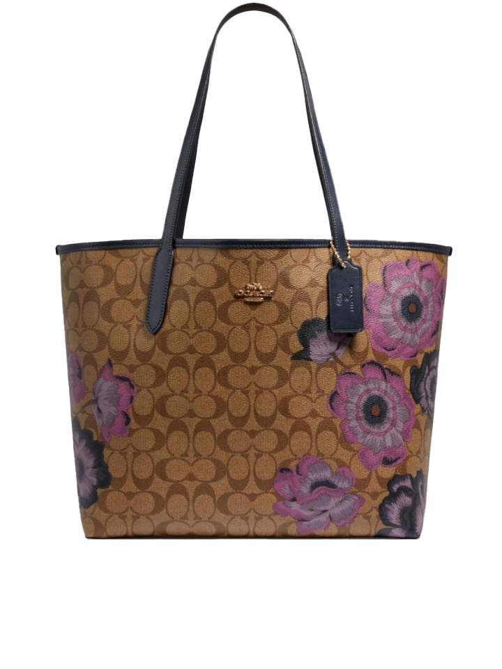 Coach-5697-Signature-City-Tote-Bag-With-Kaffe-Fassett-Print-In-Khaki-Purple-Multi-Balilene-depan