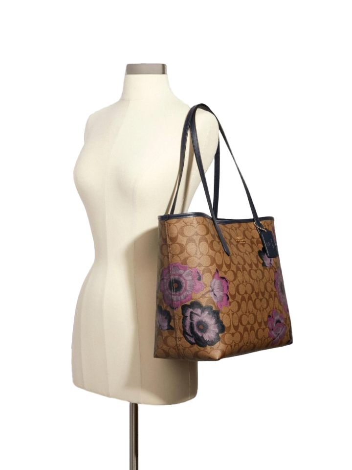       Coach-5697-Signature-City-Tote-Bag-With-Kaffe-Fassett-Print-In-Khaki-Purple-Multi-Balilene-onmodel