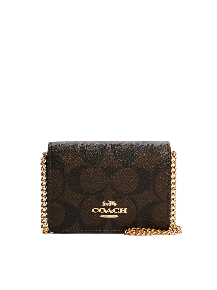 Coach 6650 Mini Wallet On Chain In Signature Canvas Brown Black