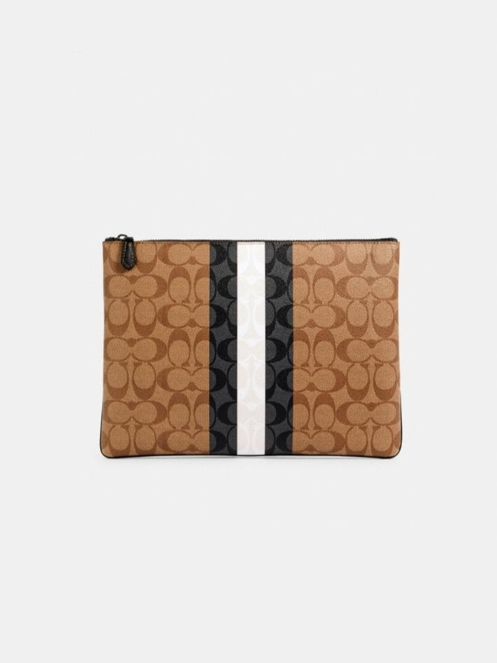 Coach 6720 Signature Blocked Large Pouch Tan Multi