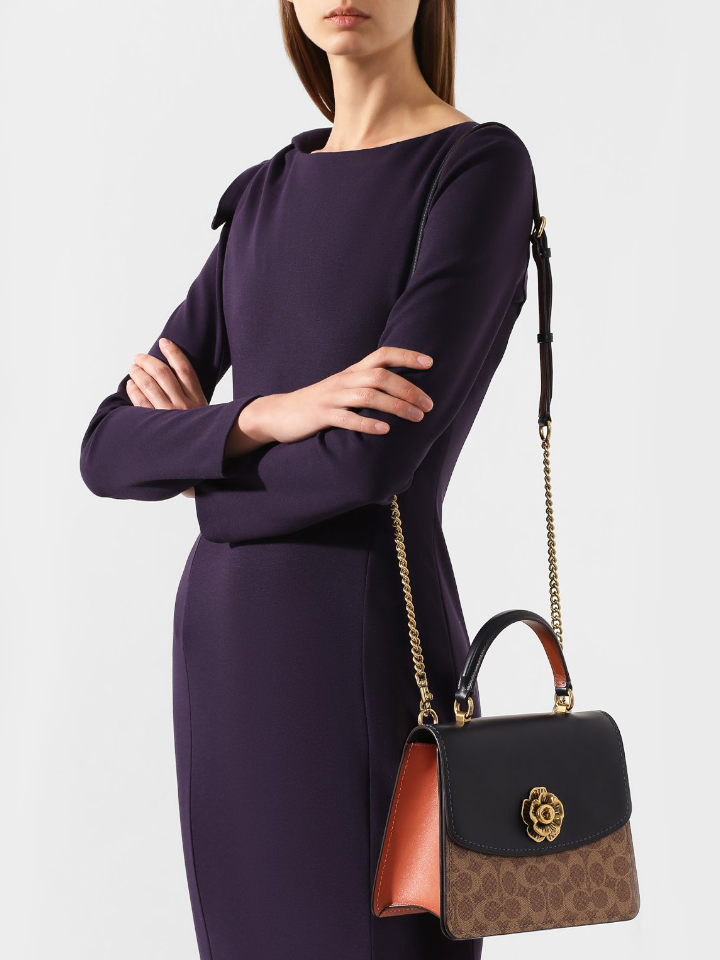 Coach Parker Top Handle In Colorblock Signature Canvas Tan Ink