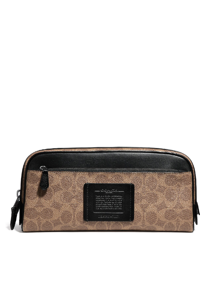    Coach-70071-Double-Zip-Dopp-Kit-In-Signature-Canvas-Khaki-Black-Balilene-depan