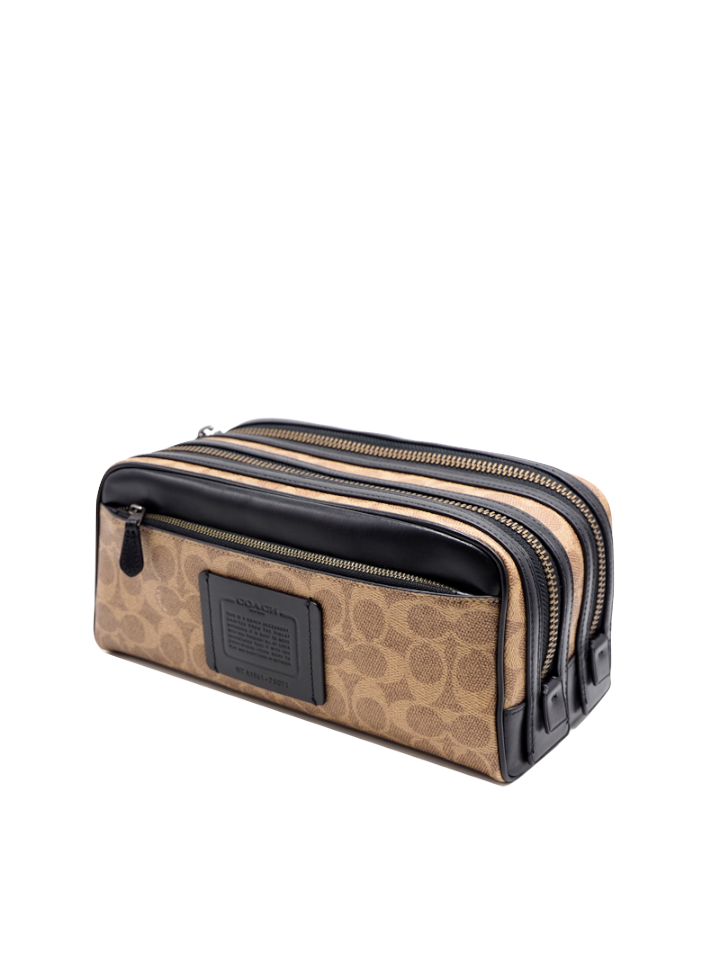 Coach-70071-Double-Zip-Dopp-Kit-In-Signature-Canvas-Khaki-Black-Balilene-samping