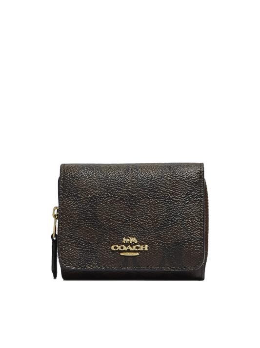 Coach 7331 Small Trifold Wallet In Signature Canvas Brown Black