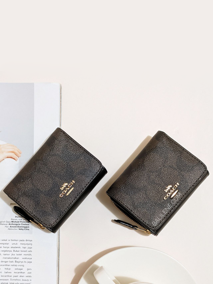 Coach 7331 Small Trifold Wallet In Signature Canvas Brown Black