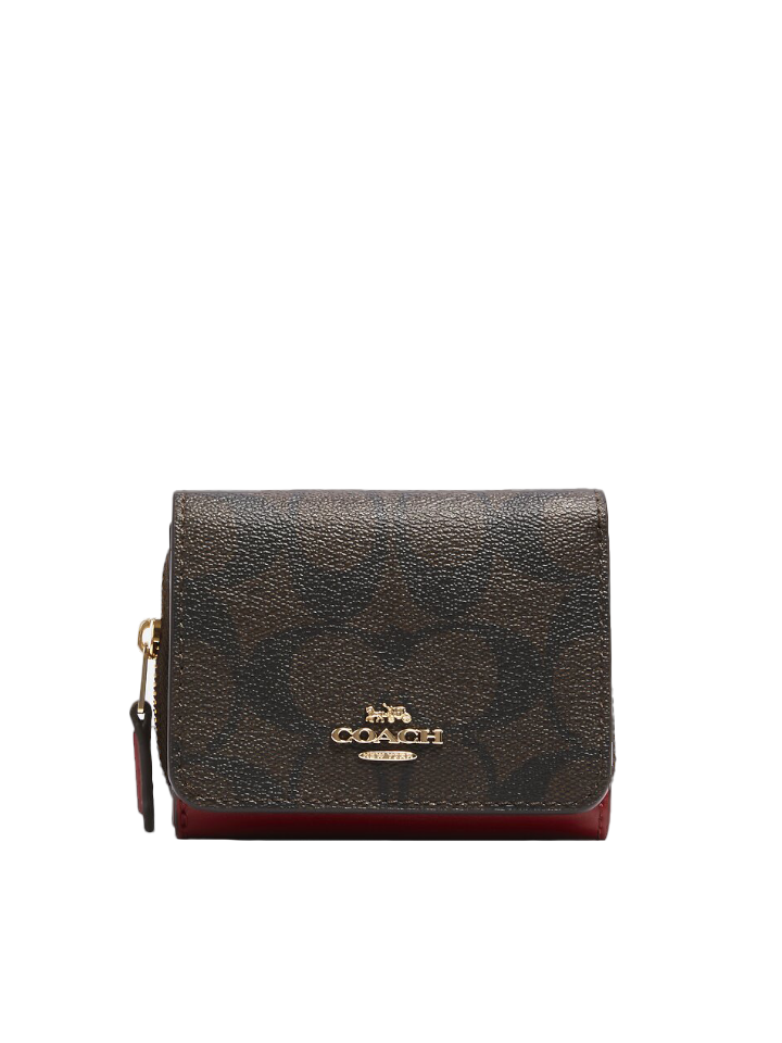 Coach Small Trifold Wallet In Signature Canvas Brown Red