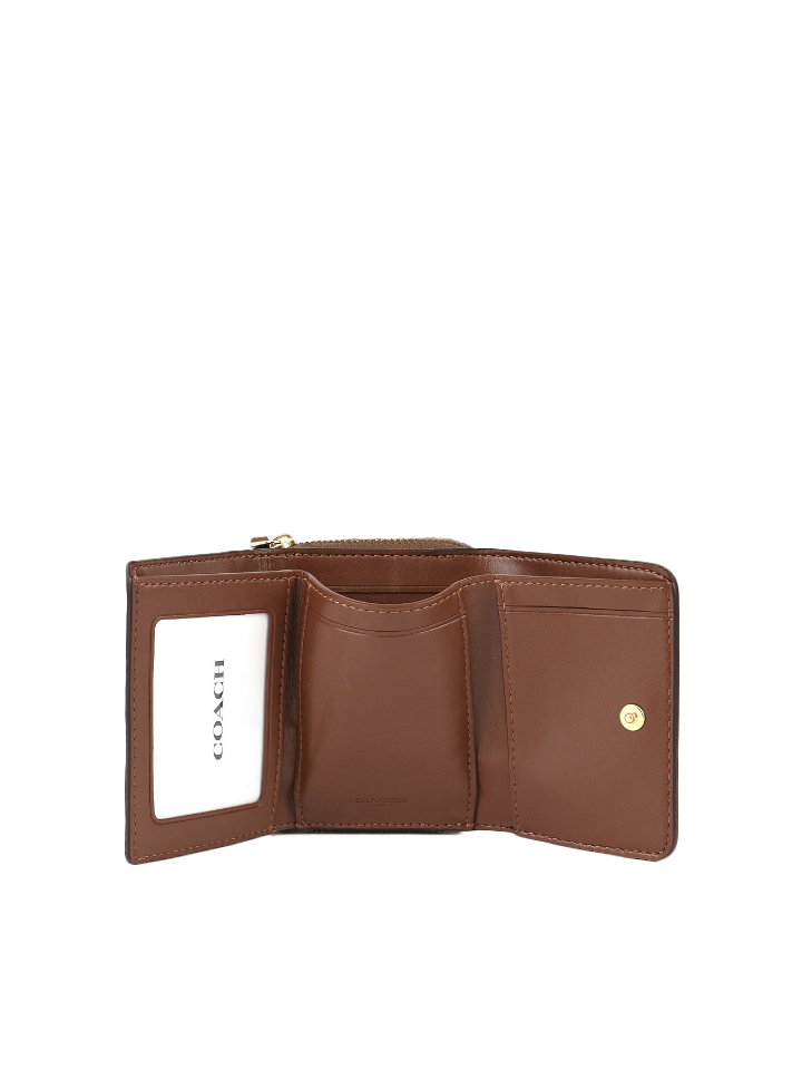 Coach 7331 Small Trifold Wallet In Signature Canvas Khaki Saddle
