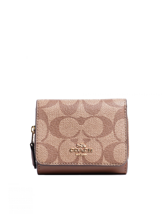 Coach 7331 Small Trifold Wallet In Signature Canvas Khaki Saddle