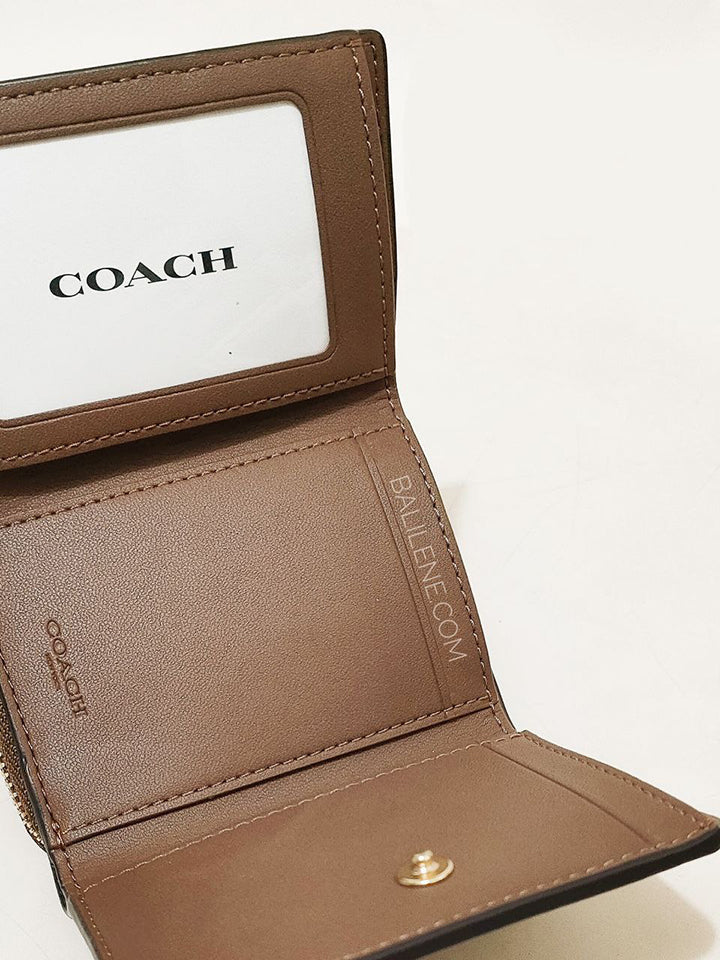 Coach 7331 Small Trifold Wallet In Signature Canvas Khaki Saddle