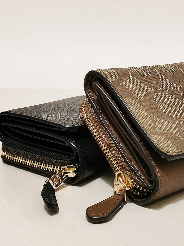 Coach 7331 Small Trifold Wallet In Signature Canvas Khaki Saddle