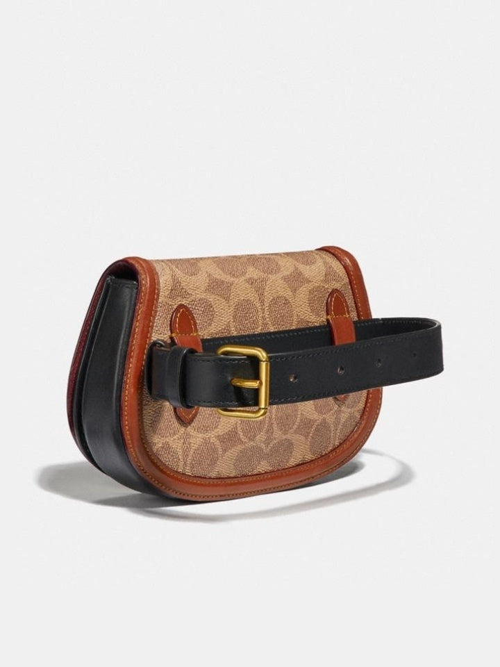 Coach 76264 Saddle Belt Bag In Colorblock Signature Canvas In Tan Rust