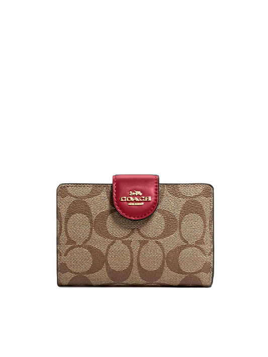 Coach Medium Corner Zip Wallet In Signature Canvas Khaki Cherry