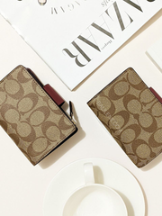 Coach Medium Corner Zip Wallet In Signature Canvas Khaki Cherry