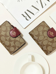 Coach Medium Corner Zip Wallet In Signature Canvas Khaki Cherry