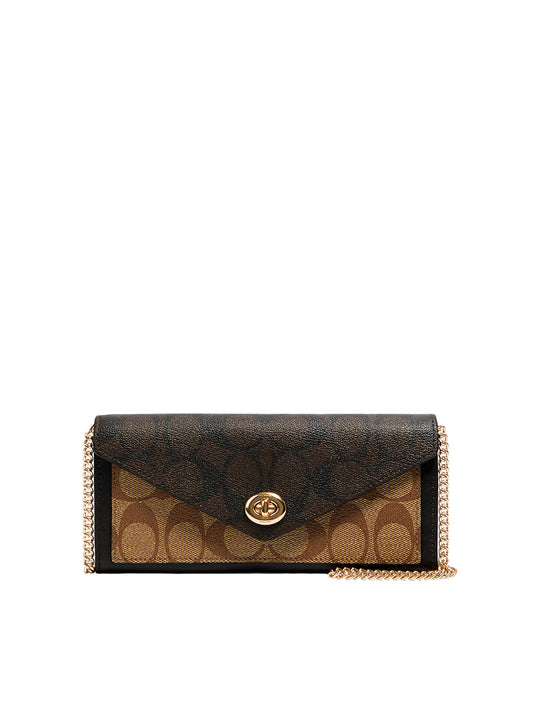 Coach C1910 Signature Blocking Envelope Wallet Chain Khaki Brown Multi