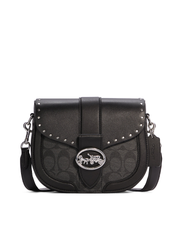 Coach C3593 Georgie Saddle Bag In Colorblock Signature Canvas With Rivets Silver Graphite/Black Multi