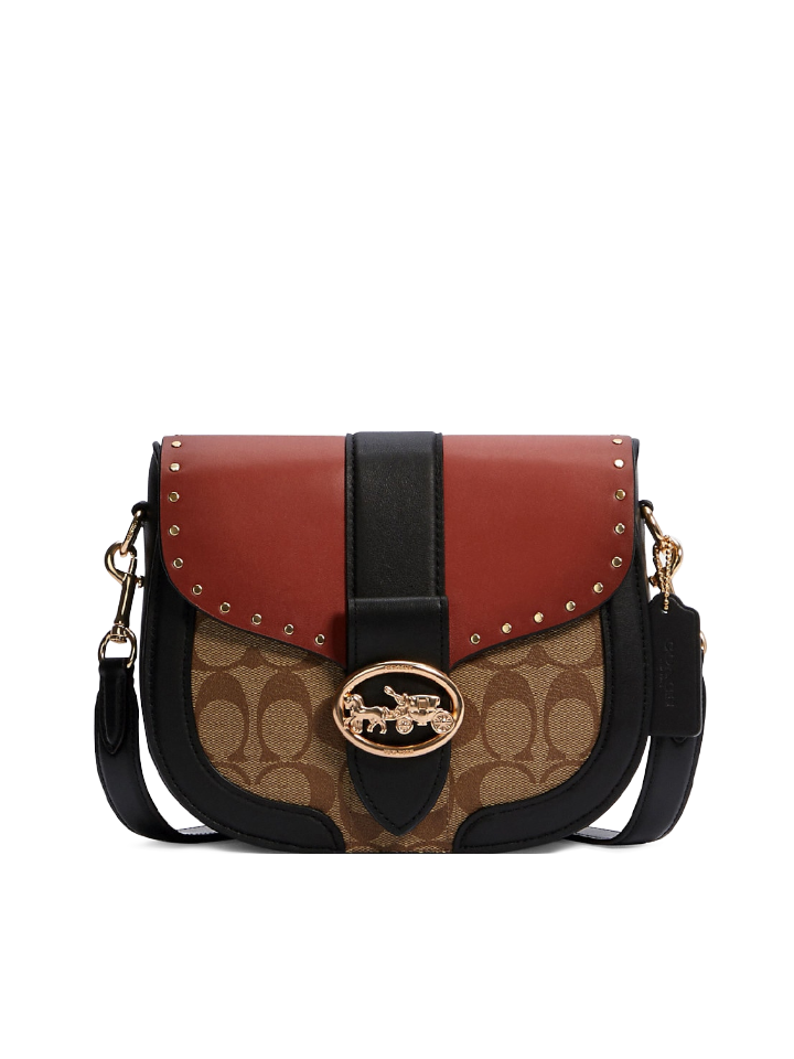 Coach C3593 Georgie Saddle Bag In Colorblock Signature Canvas With Rivets Terracotta Khaki Multi