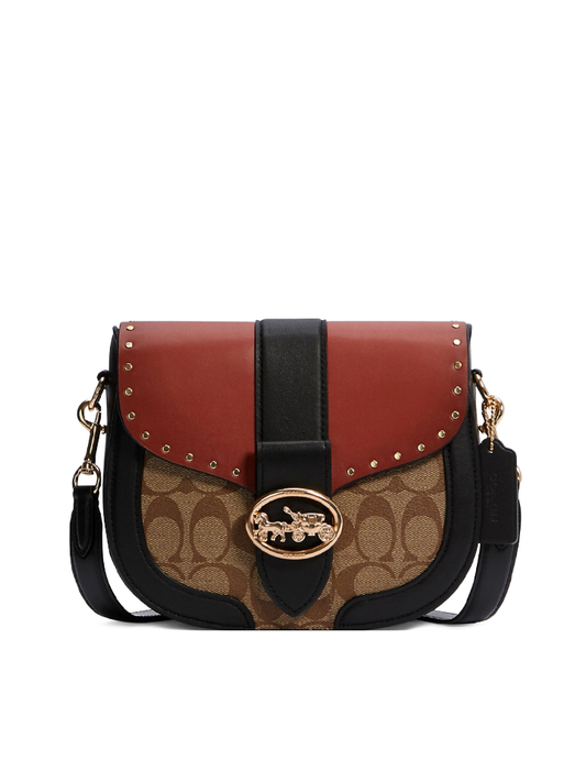 Coach C3593 Georgie Saddle Bag In Colorblock Signature Canvas With Rivets Terracotta Khaki Multi