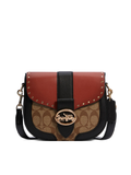 Coach C3593 Georgie Saddle Bag In Colorblock Signature Canvas With Rivets Terracotta Khaki Multi