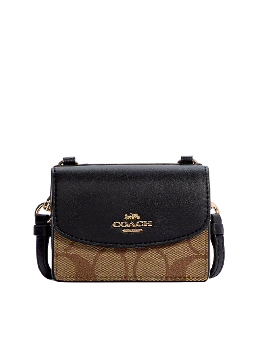 Coach C5577 Flap Card Case On Lanyard In Colorblock Signature Canvas Khaki Black