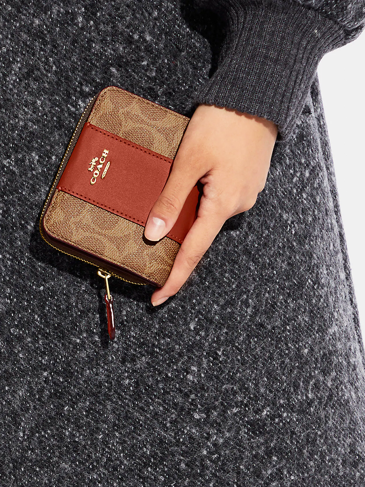 Coach Billfold Wallet In Colorblock Signature Canvas Tan Rust
