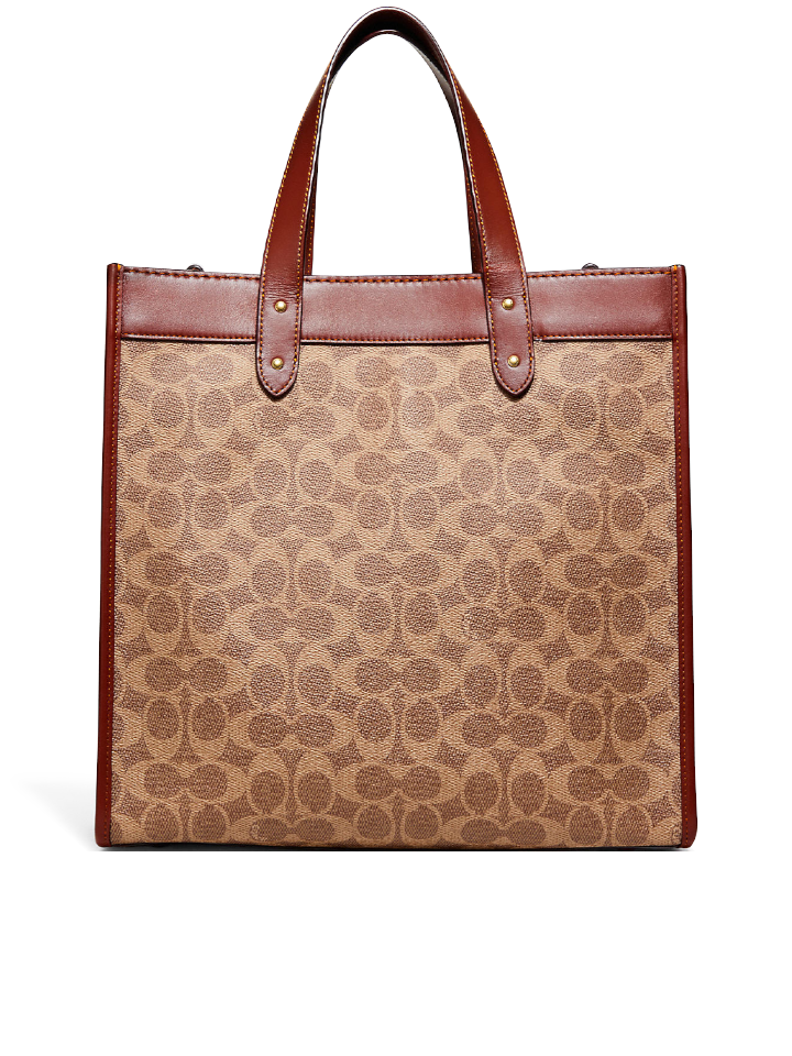 Coach Field Tote In Signature Canvas With Patches Tan Rust
