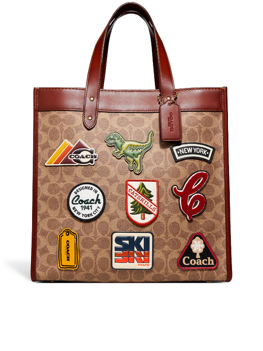 Coach Field Tote In Signature Canvas With Patches Tan Rust