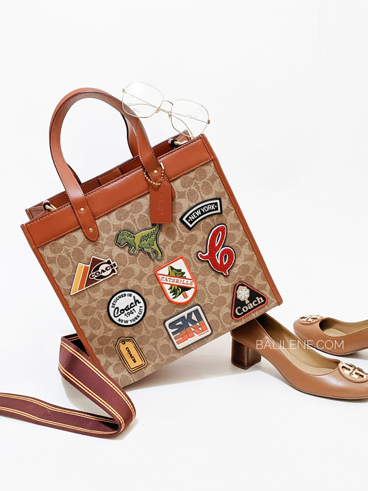 Coach Field Tote In Signature Canvas With Patches Tan Rust