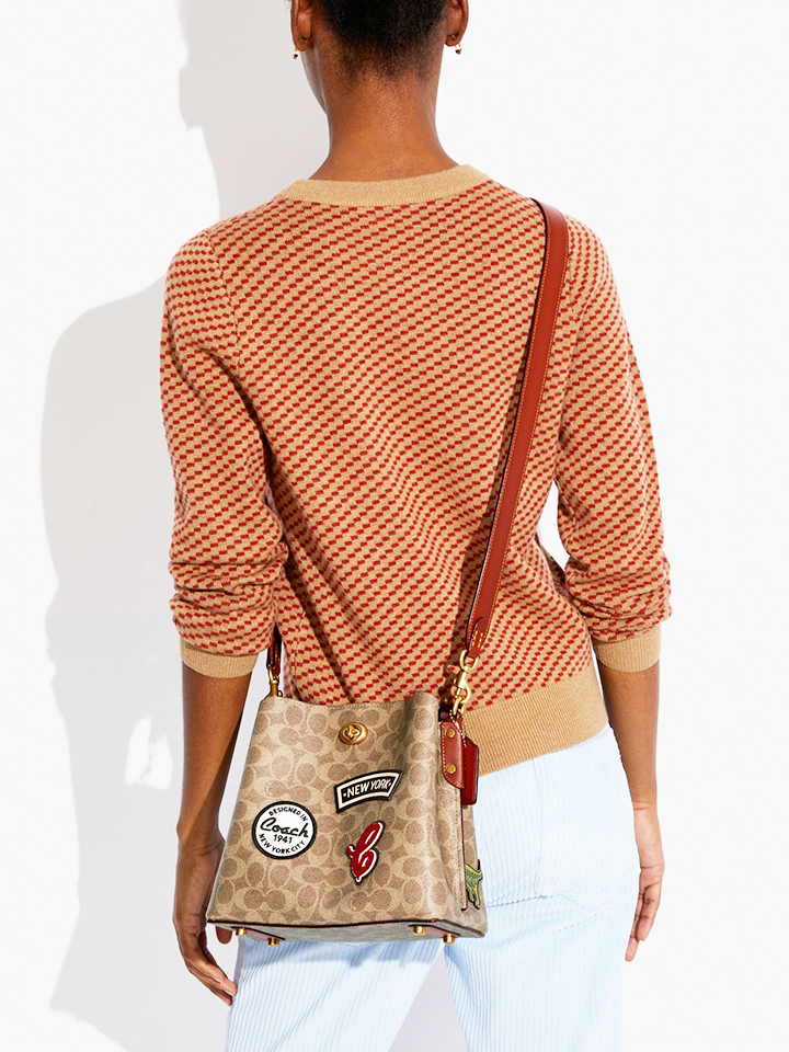 Coach C6868 Willow Bucket Bag In Signature Canvas With Patches Tan Rust