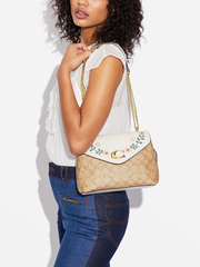 Coach CA016 Tammie Shoulder Bag In Signature Canvas With Floral Whipstitch Light Khaki Chalk Multi