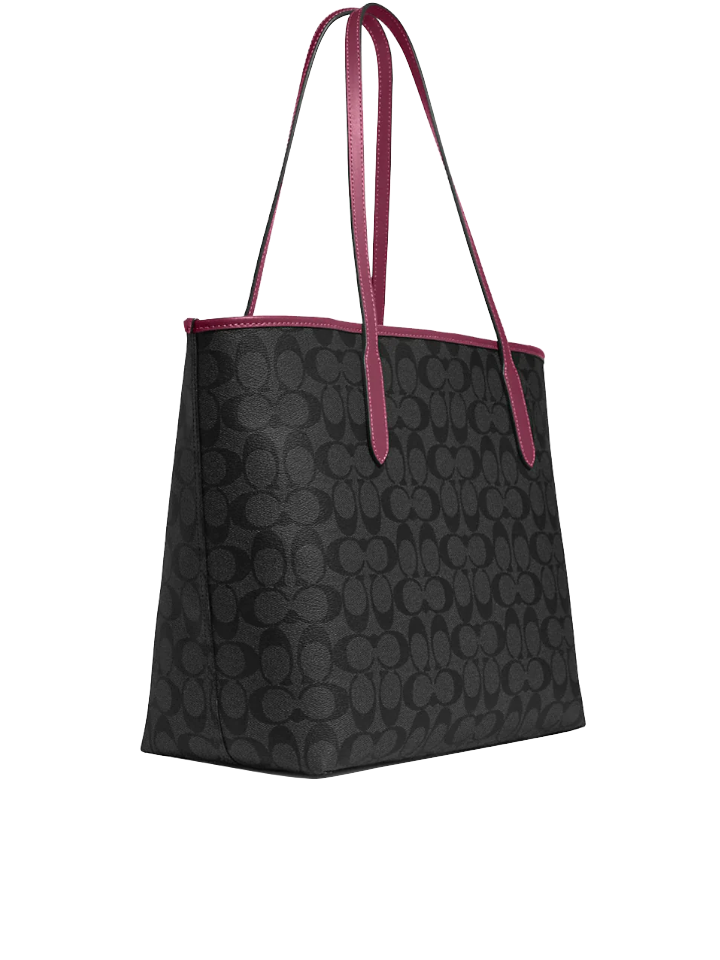 Coach City Tote In Signature Canvas Graphite/Black Cherry