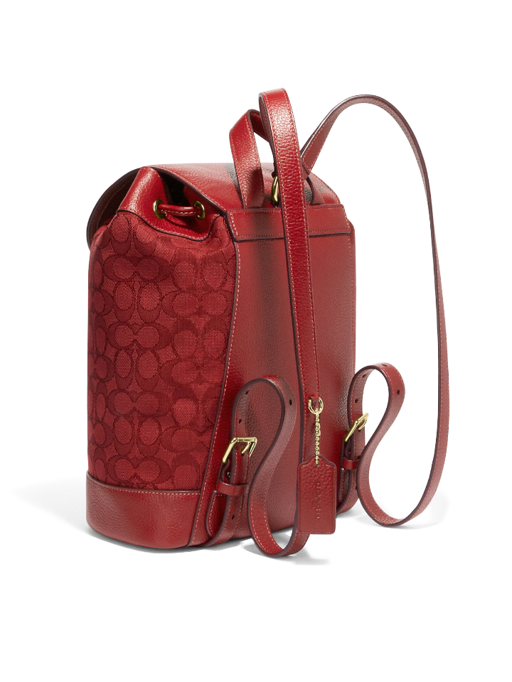 Coach Dempsey Drawstring Backpack In Signature Jacquard With Stripe And Coach Patch Red Apple Multi