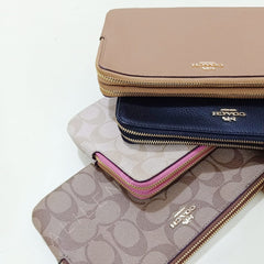 Coach F16109 Large Double Zip Wallet Signature Light Khaki Rouge