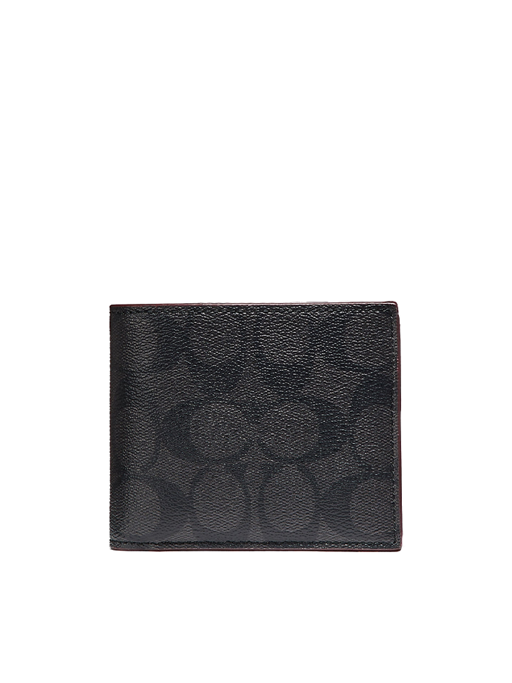Coach F25519 Compact Id Wallet In Signature Canvas Black / Oxblood