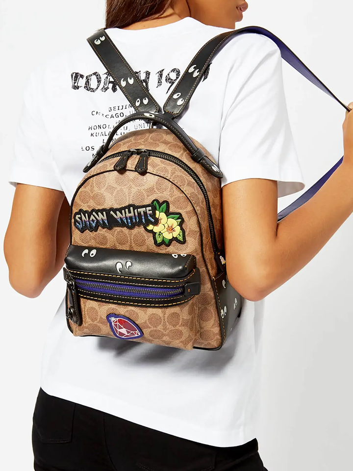    Coach-F32717-Disney-Campus-Backpack-23-In-Signature-Patchwork-Tan-Black-Multi-Balilene-onmodel