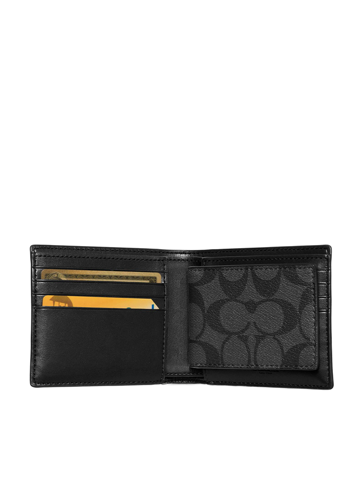 Coach Compact Id Wallet In Signature Canvas Charcoal Black