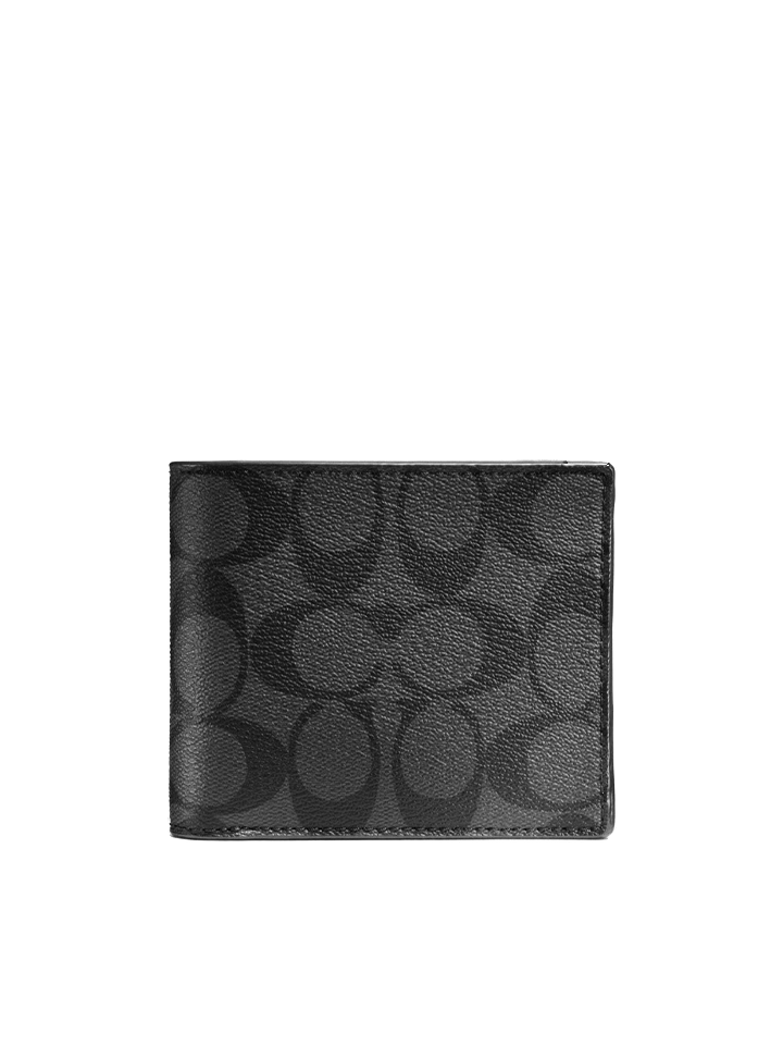 Coach Compact Id Wallet In Signature Canvas Charcoal Black