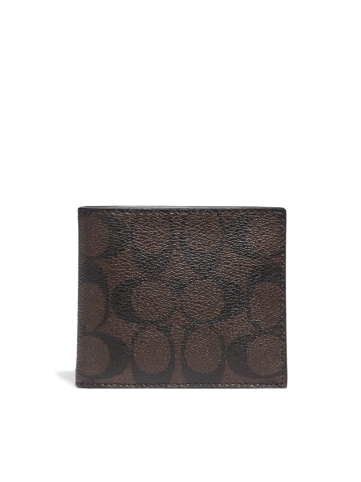 Coach Compact Id Wallet In Signature Canvas Mahogany Black