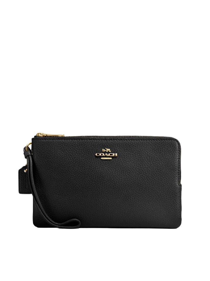 Coach Double Zip Wallet In Polished Pebble Leather Black