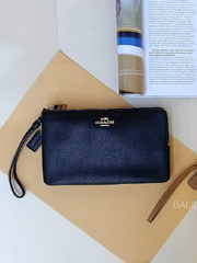 Coach Double Zip Wallet In Polished Pebble Leather Black