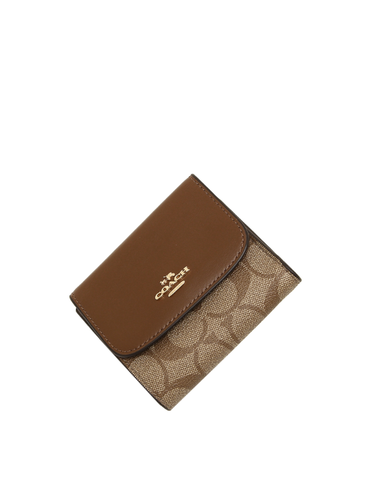 Coach F87589 Small Trifold Wallet Snap Leather Khaki Saddle