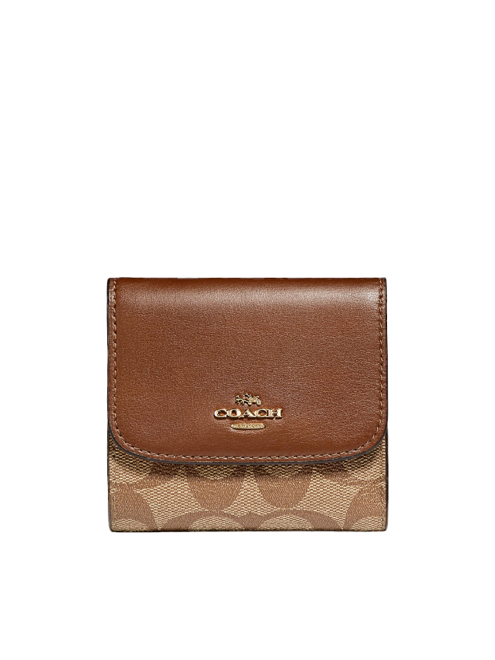 Coach F87589 Small Trifold Wallet Snap Leather Khaki Saddle