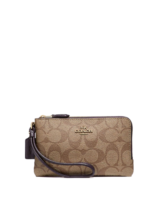    Coach-F87591-Signature-Double-Zip-Small-Wrislet-Khaki-Oxblood-Balilene-depan