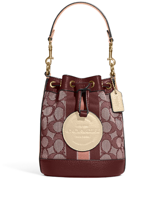 Coach Mini Dempsey Bucket Bag In Signature Jacquard With Stripe And Coach Patch Wine Multi