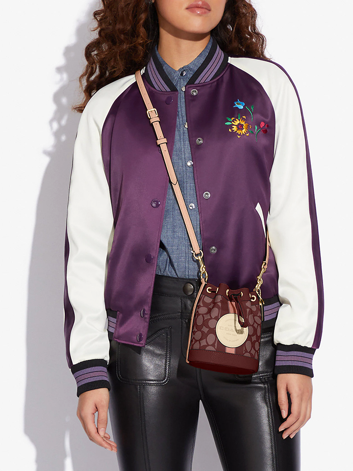 Coach Mini Dempsey Bucket Bag In Signature Jacquard With Stripe And Coach Patch Wine Multi
