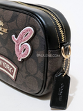 Coach Mini Jamie Camera Bag In Signature Canvas With Ski Patches Brown Black Multi